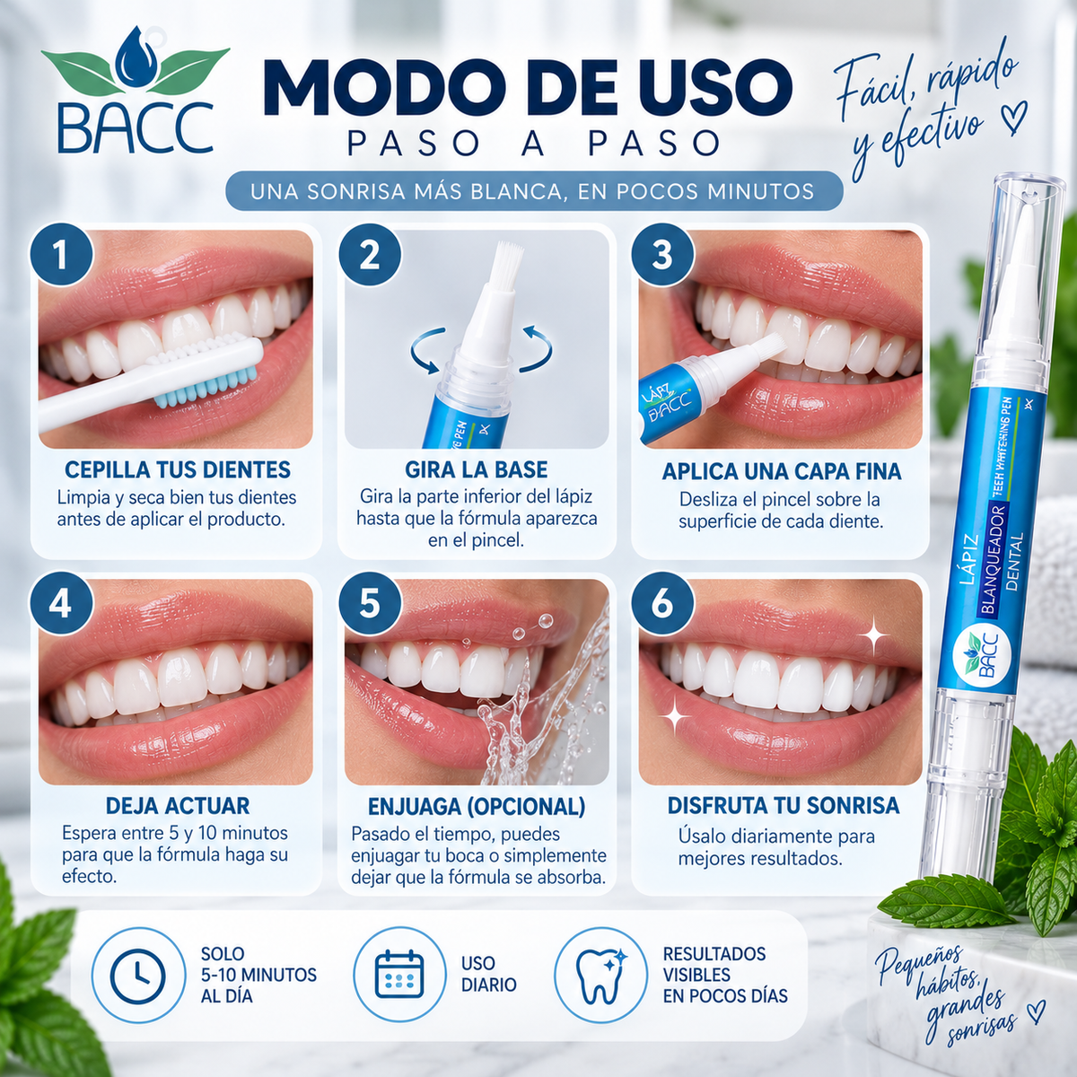 Lapiz blanqueador dental BACC - modo de uso paso a paso