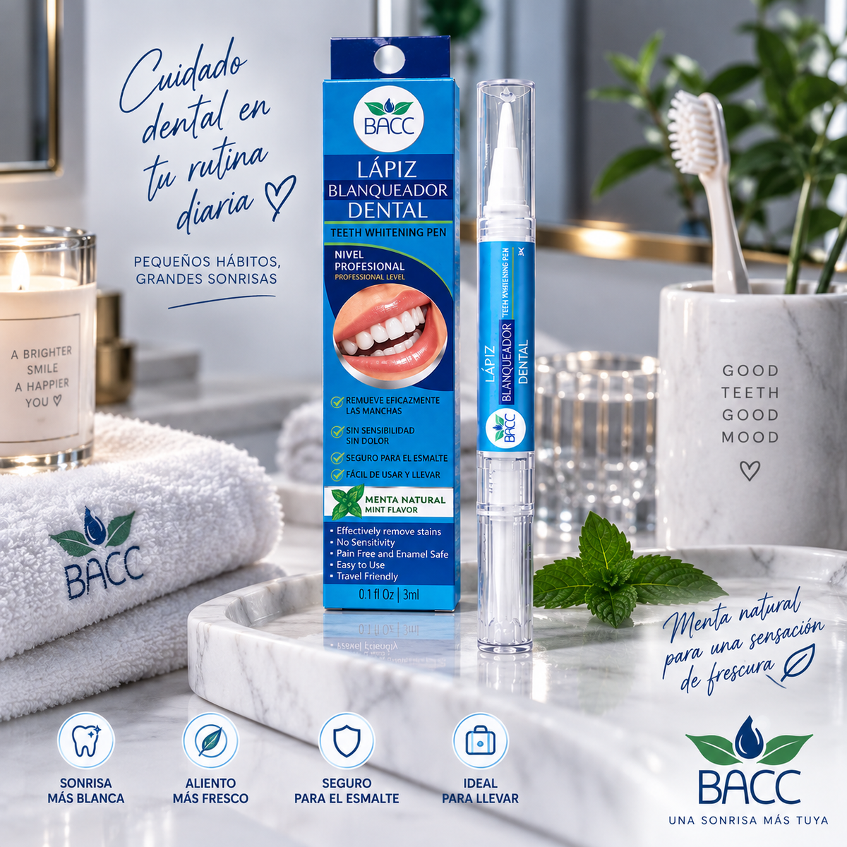 Lapiz blanqueador dental BACC - cuidado dental en tu rutina diaria
